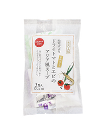 糸寒天入りドライトマトとエビのアジア風スープ